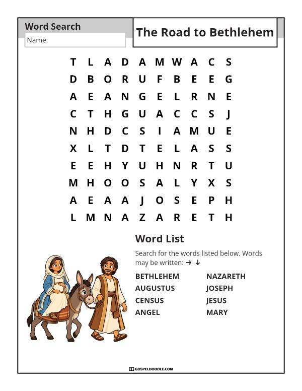 The Road to Bethlehem Word Search