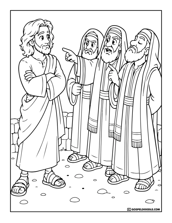 Jesus and the Religious Leaders Coloring Page