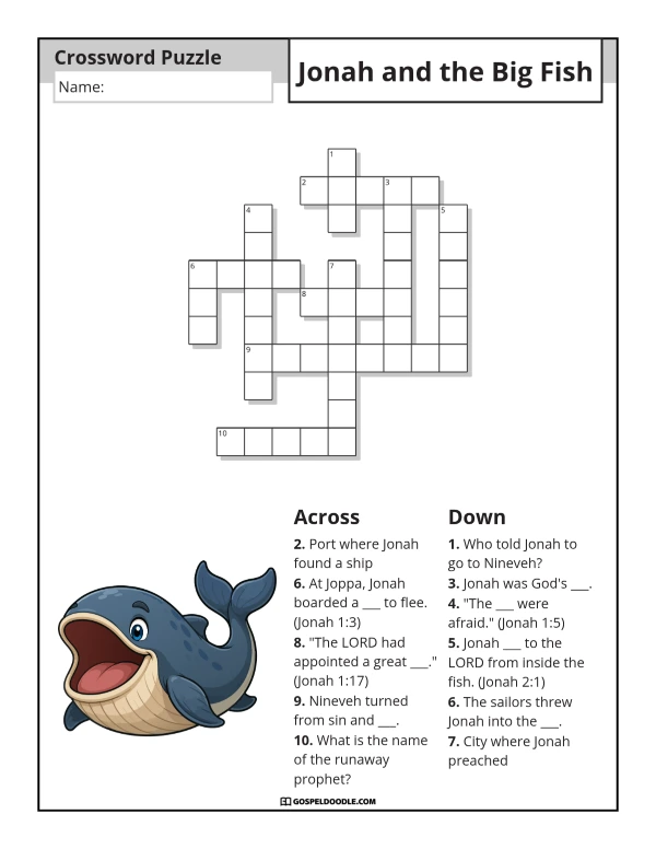 Jonah and the Big Fish Crossword Puzzle