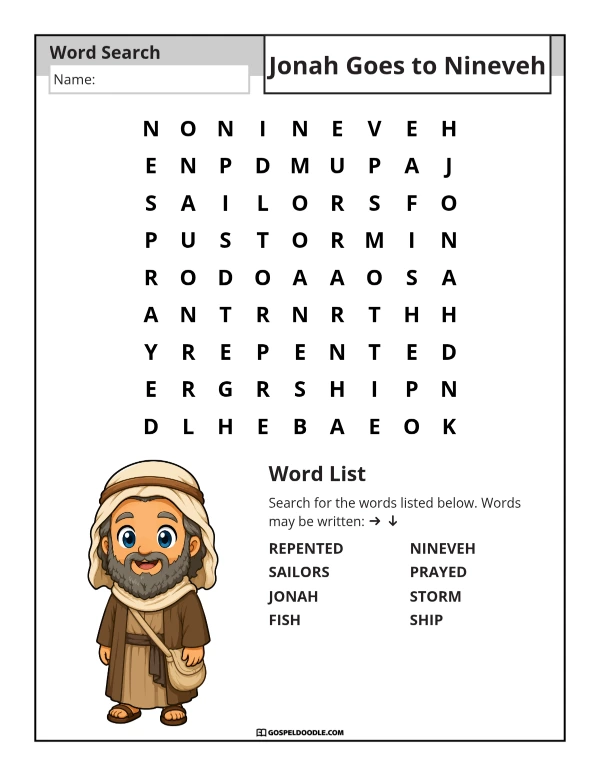 Jonah Goes to Nineveh Word Search
